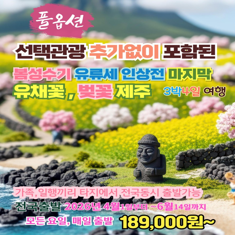 봄성수기 제주도 3박4일 석-조패턴 유채꽃 벚꽃 풀옵션 패키지여행 국내여행