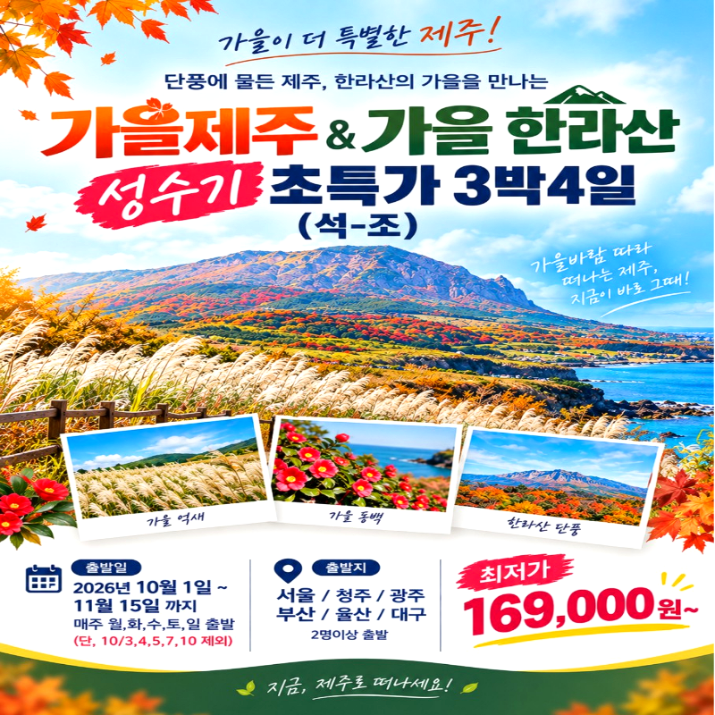 캔디투어[부산출발]가을제주&가을 한라산 3박4일 성수기 석조 단풍여행