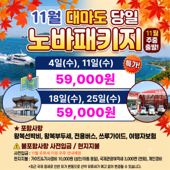 캔디투어[부산출발]11월 일본 대마도 당일치기 관광쇼핑 면세점 패키지여행